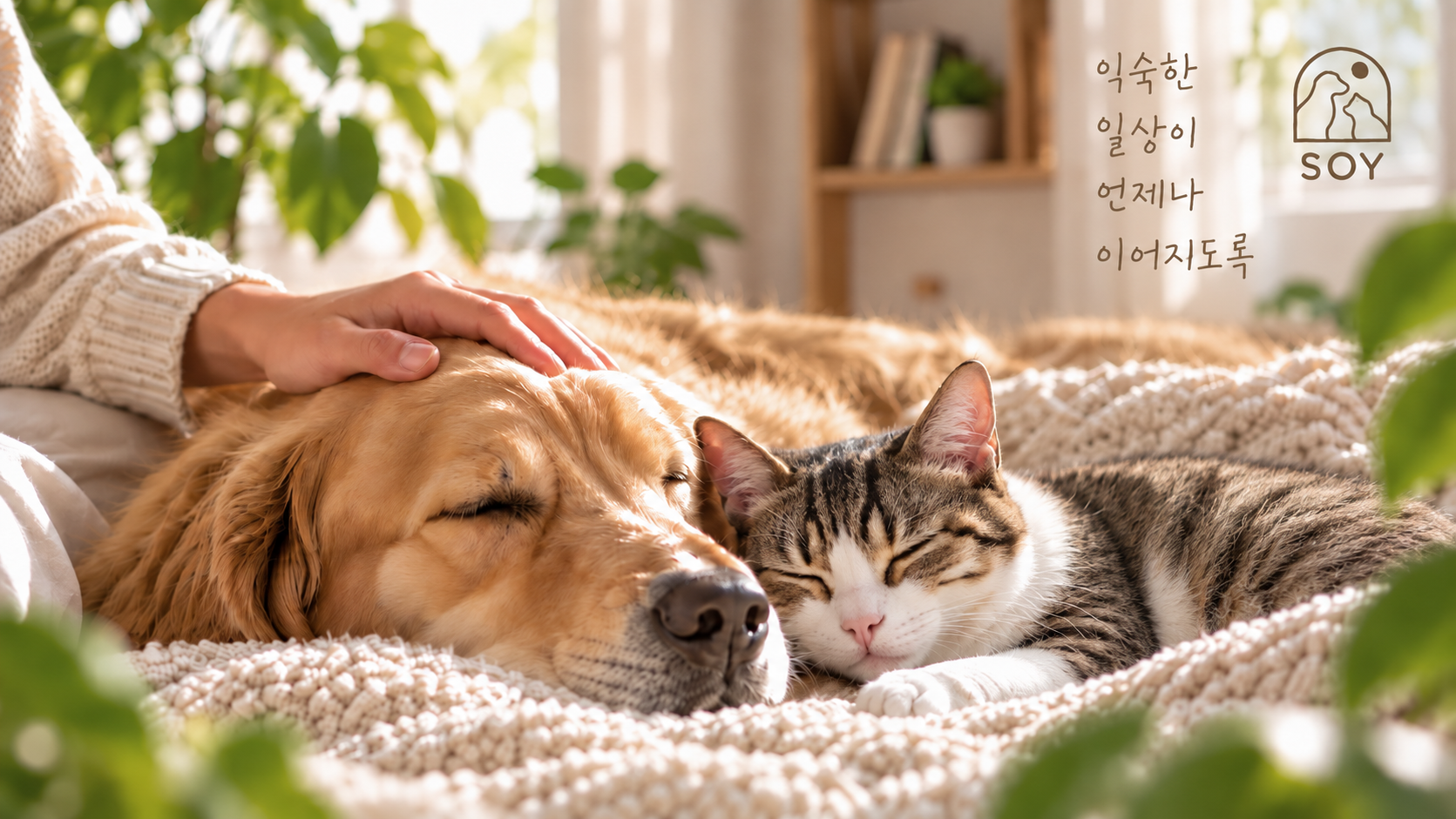 따뜻한 집 안에서 편안하게 쉬는 강아지와 고양이